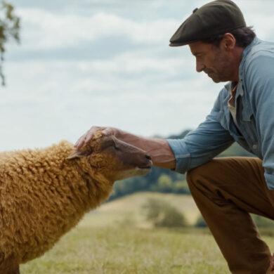 Hugh Jackman als George Hardy auf einer grünen Wiese - mit einem Schaf. in GLENNKILL: EIN SCHAFSKRIMI von Amazon MGM Studios. © 2025 Amazon Content Services LLC. All Rights Reserved.