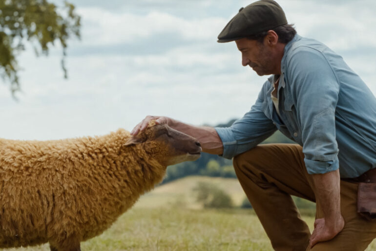 Hugh Jackman als George Hardy auf einer grünen Wiese - mit einem Schaf. in GLENNKILL: EIN SCHAFSKRIMI von Amazon MGM Studios. © 2025 Amazon Content Services LLC. All Rights Reserved.