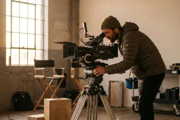 Eine fotorealistische Szene in einem Filmset mit einer einzelnen Person als Kameramann, der eine professionelle Kinokamera bedient. Natürliches, weiches Licht fällt seitlich durch ein großes Fenster, Kabel, Kamera und Oberflächen wirken realistisch und detailliert, warme Farben und ruhige Stimmung ohne Texte oder Symbole im Bild.