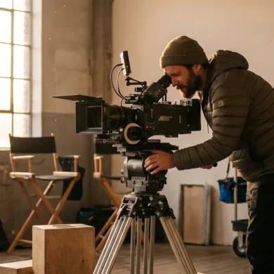 Eine fotorealistische Szene in einem Filmset mit einer einzelnen Person als Kameramann, der eine professionelle Kinokamera bedient. Natürliches, weiches Licht fällt seitlich durch ein großes Fenster, Kabel, Kamera und Oberflächen wirken realistisch und detailliert, warme Farben und ruhige Stimmung ohne Texte oder Symbole im Bild.