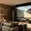 Heimkino in einem modernen Wohnzimmer mit natürlicher, warmer Beleuchtung. Ein großer Bildschirm, hochwertige Lautsprecher und ein gemütliches Sofa