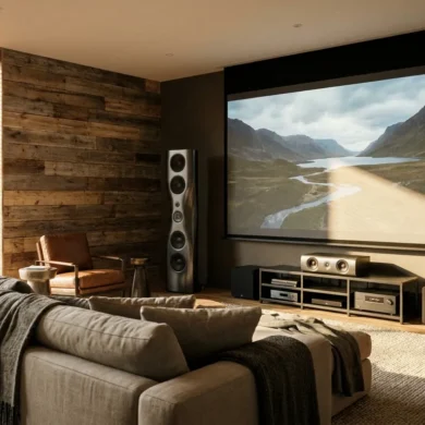 Heimkino in einem modernen Wohnzimmer mit natürlicher, warmer Beleuchtung. Ein großer Bildschirm, hochwertige Lautsprecher und ein gemütliches Sofa