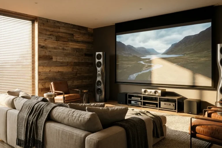 Heimkino in einem modernen Wohnzimmer mit natürlicher, warmer Beleuchtung. Ein großer Bildschirm, hochwertige Lautsprecher und ein gemütliches Sofa