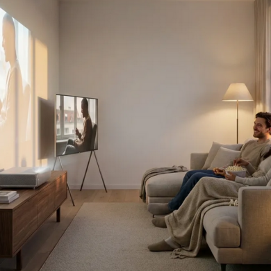 Fotorealistische Szene eines modernen kleinen Wohnzimmers, in dem ein stilvoller Heimkino-Beamer auf einem Lowboard steht und eine große Projektion an eine saubere Wand wirft, daneben ein schlanker großer Fernseher als Vergleich, warmes natürliches Abendlicht durch ein Seitenfenster, realistische Holz-, Stoff- und Metalltexturen. Die Komposition soll aufgeräumt und wohnlich wirken, mit 2 Personen auf einem Sofa in entspannter Filmabend-Stimmung, dezente neutrale Farben, feine Lichtreflexe, keine Schrift, keine Zahlen, no text