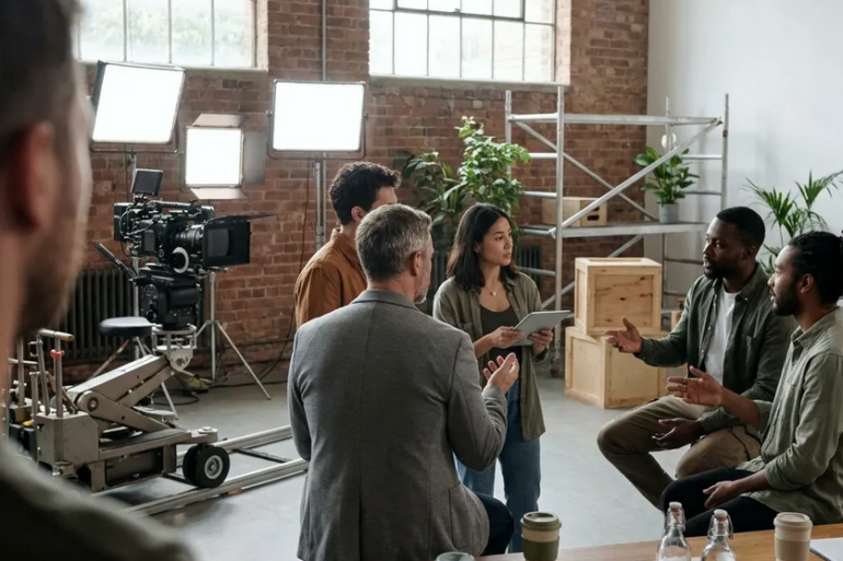 Fotorealistische Szene in einer modernen Filmstudiohalle mit genau 5 Personen an einem nachhaltigen Set: eine Kamera auf Dolly, LED-Scheinwerfer, wiederverwendbare Kulissenelemente aus Holz und Metall, Mehrwegbecher auf einem Produktionstisch, Kabel ordentlich verlegt, natürliches Tageslicht durch hohe Fenster. Ruhige professionelle Stimmung, natürliche Grün-, Grau- und Holztöne, realistische Texturen von Stoff, Aluminium, Holz und Beton, leichte Tiefenschärfe, saubere kinonahe Komposition ohne sichtbare Schrift oder Symbole.