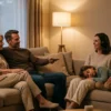 Fotorealistische Wohnzimmerszene mit 4 Personen unterschiedlichen Alters auf einem Sofa, sie schauen gemeinsam einen Film über einen modernen Smart-TV, eine Person hält eine Fernbedienung, eine weitere nutzt drahtlose Kopfhörer, entspannte inklusive Stimmung. Natürliche Abendbeleuchtung aus einer Stehlampe und weichem Restlicht vom Fenster, realistische Haut- und Stofftexturen, warme neutrale Farben, klare Komposition mit Fokus auf barrierefreies Streaming-Erlebnis, kein Text.