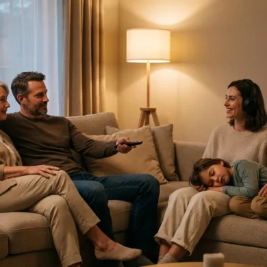 Fotorealistische Wohnzimmerszene mit 4 Personen unterschiedlichen Alters auf einem Sofa, sie schauen gemeinsam einen Film über einen modernen Smart-TV, eine Person hält eine Fernbedienung, eine weitere nutzt drahtlose Kopfhörer, entspannte inklusive Stimmung. Natürliche Abendbeleuchtung aus einer Stehlampe und weichem Restlicht vom Fenster, realistische Haut- und Stofftexturen, warme neutrale Farben, klare Komposition mit Fokus auf barrierefreies Streaming-Erlebnis, kein Text.