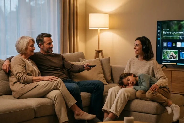 Fotorealistische Wohnzimmerszene mit 4 Personen unterschiedlichen Alters auf einem Sofa, sie schauen gemeinsam einen Film über einen modernen Smart-TV, eine Person hält eine Fernbedienung, eine weitere nutzt drahtlose Kopfhörer, entspannte inklusive Stimmung. Natürliche Abendbeleuchtung aus einer Stehlampe und weichem Restlicht vom Fenster, realistische Haut- und Stofftexturen, warme neutrale Farben, klare Komposition mit Fokus auf barrierefreies Streaming-Erlebnis, kein Text.