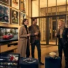 Fotorealistische Szene eines modernen deutschen Kinoabends mit genau 4 Personen in einem stilvollen Foyer, eine große Filmplakatwand ohne lesbare Schrift nur als Lichtfläche im Hintergrund, natürliches warmes Abendlicht durch Glasfronten, realistische Stoff- und Metalltexturen, Popcorn und Kinotickets als dezente Requisiten. Im Vordergrund liegen zusätzlich ein Tablet und ein Fernseher in einem angrenzenden Wohnbereich als Hinweis auf Streaming, harmonische Farben in Rot, Gold und Dunkelblau, scharfe Details, cineastische Stimmung, no text