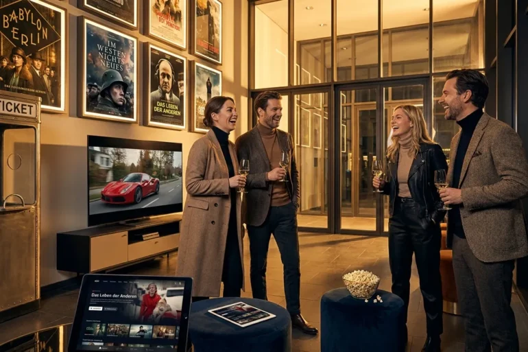Fotorealistische Szene eines modernen deutschen Kinoabends mit genau 4 Personen in einem stilvollen Foyer, eine große Filmplakatwand ohne lesbare Schrift nur als Lichtfläche im Hintergrund, natürliches warmes Abendlicht durch Glasfronten, realistische Stoff- und Metalltexturen, Popcorn und Kinotickets als dezente Requisiten. Im Vordergrund liegen zusätzlich ein Tablet und ein Fernseher in einem angrenzenden Wohnbereich als Hinweis auf Streaming, harmonische Farben in Rot, Gold und Dunkelblau, scharfe Details, cineastische Stimmung, no text