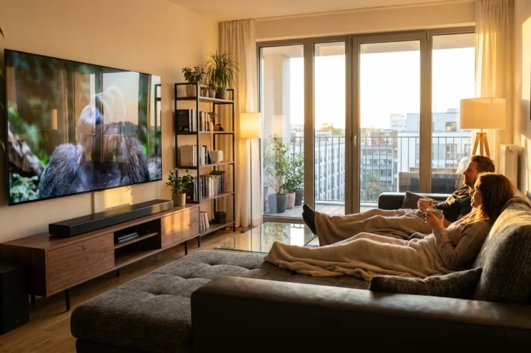 Fotorealistische Szene eines modernen deutschen Wohnzimmers mit echtem Heimkino-Setup, ein großer Fernseher an der Wand, eine hochwertige Dolby-Atmos-Soundbar und zusätzliche Lautsprecher, 2 Personen sitzen entspannt auf einem Sofa, warmes natürliches Abendlicht fällt durch große Fenster und betont realistische Texturen von Holz, Stoff und Metall. Die Komposition wirkt hochwertig, wohnlich und technisch glaubwürdig, mit ruhiger Kino-Stimmung, ausgewogenen dunklen Farben und subtilen Lichtreflexen auf den Geräten, no text.