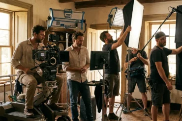 Photorealistische Szene auf einem Filmset während laufender Dreharbeiten, 5 Personen arbeiten konzentriert an Kamera, Licht und Regie in einer realistischen Innenraumkulisse, warme natürliche Beleuchtung mischt sich mit professionellen Filmscheinwerfern, sichtbare Texturen auf Holz, Stoff, Metall und Haut. Die Komposition soll cineastisch, aber glaubwürdig wirken, mit klarer Tiefenwirkung, ruhiger Farbpalette und authentischer Arbeitsatmosphäre, ohne Schrift oder grafische Elemente.