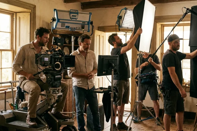 Photorealistische Szene auf einem Filmset während laufender Dreharbeiten, 5 Personen arbeiten konzentriert an Kamera, Licht und Regie in einer realistischen Innenraumkulisse, warme natürliche Beleuchtung mischt sich mit professionellen Filmscheinwerfern, sichtbare Texturen auf Holz, Stoff, Metall und Haut. Die Komposition soll cineastisch, aber glaubwürdig wirken, mit klarer Tiefenwirkung, ruhiger Farbpalette und authentischer Arbeitsatmosphäre, ohne Schrift oder grafische Elemente.