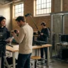 Fotorealistische Szene in einer deutschen Filmhochschule mit genau 4 Personen: eine Regiestudentin erklärt eine Szene vor einem Kamera-Setup, ein Kamerastudent justiert das Objektiv, eine Person sitzt am Schnittplatz im Hintergrund, eine weitere Person prüft den Ton, natürliches Licht durch hohe Fenster, realistische Texturen von Metall, Holz, Stoff und Kameraequipment. Moderne kreative Atmosphäre mit warmen neutralen Farben, klare Tiefenschärfe, glaubwürdige Hochschulumgebung ohne Schrift, Poster oder sichtbare Beschriftungen, kein Text.