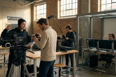 Fotorealistische Szene in einer deutschen Filmhochschule mit genau 4 Personen: eine Regiestudentin erklärt eine Szene vor einem Kamera-Setup, ein Kamerastudent justiert das Objektiv, eine Person sitzt am Schnittplatz im Hintergrund, eine weitere Person prüft den Ton, natürliches Licht durch hohe Fenster, realistische Texturen von Metall, Holz, Stoff und Kameraequipment. Moderne kreative Atmosphäre mit warmen neutralen Farben, klare Tiefenschärfe, glaubwürdige Hochschulumgebung ohne Schrift, Poster oder sichtbare Beschriftungen, kein Text.