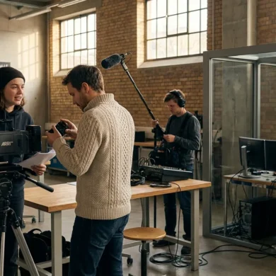 Fotorealistische Szene in einer deutschen Filmhochschule mit genau 4 Personen: eine Regiestudentin erklärt eine Szene vor einem Kamera-Setup, ein Kamerastudent justiert das Objektiv, eine Person sitzt am Schnittplatz im Hintergrund, eine weitere Person prüft den Ton, natürliches Licht durch hohe Fenster, realistische Texturen von Metall, Holz, Stoff und Kameraequipment. Moderne kreative Atmosphäre mit warmen neutralen Farben, klare Tiefenschärfe, glaubwürdige Hochschulumgebung ohne Schrift, Poster oder sichtbare Beschriftungen, kein Text.