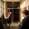 Fotorealistische Szene in einem modernen deutschen Kinofoyer mit 4 Personen, davon eine Person mit Kopfhörern und eine Person mit Smartphone zur Audiodeskription, warmes natürliches Licht aus seitlichen Fensterflächen, realistische Stoffe, Metalloberflächen und Hauttexturen, ruhige einladende Stimmung. Im Hintergrund ein diskreter Blick in den Kinosaal mit roten Sitzen und weichem Licht, ausgewogene Komposition, natürliche Farben, kein Text.