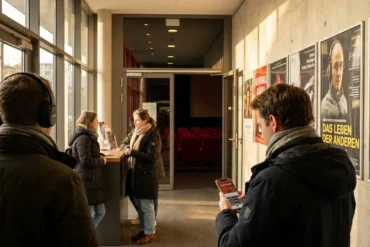 Fotorealistische Szene in einem modernen deutschen Kinofoyer mit 4 Personen, davon eine Person mit Kopfhörern und eine Person mit Smartphone zur Audiodeskription, warmes natürliches Licht aus seitlichen Fensterflächen, realistische Stoffe, Metalloberflächen und Hauttexturen, ruhige einladende Stimmung. Im Hintergrund ein diskreter Blick in den Kinosaal mit roten Sitzen und weichem Licht, ausgewogene Komposition, natürliche Farben, kein Text.