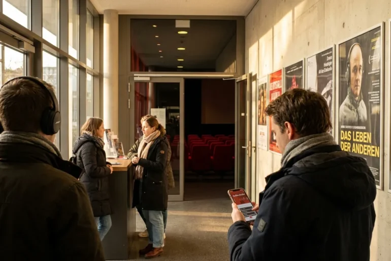 Fotorealistische Szene in einem modernen deutschen Kinofoyer mit 4 Personen, davon eine Person mit Kopfhörern und eine Person mit Smartphone zur Audiodeskription, warmes natürliches Licht aus seitlichen Fensterflächen, realistische Stoffe, Metalloberflächen und Hauttexturen, ruhige einladende Stimmung. Im Hintergrund ein diskreter Blick in den Kinosaal mit roten Sitzen und weichem Licht, ausgewogene Komposition, natürliche Farben, kein Text.