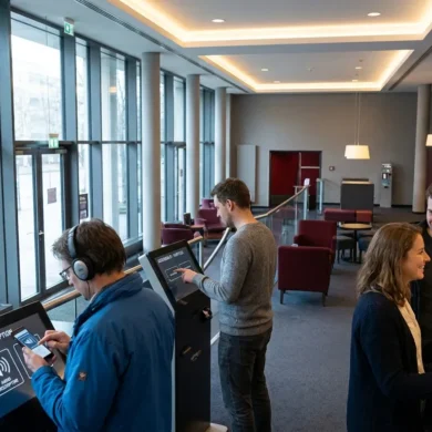 Fotorealistische Szene in einem modernen deutschen Kinofoyer mit genau 4 Personen, darunter eine Person mit Kopfhörern und Smartphone für Audiodeskription und eine Person, die barrierefreie Untertitel auf einem Tablet auswählt. Natürliches Licht fällt durch große Glasflächen, dazu warme Innenbeleuchtung, realistische Texturen von Stoff, Glas, Metall und Haut, ruhige inklusive Stimmung in dezenten Blau-, Grau- und Rottönen, kein sichtbarer Text oder Schrift im Bild, no text