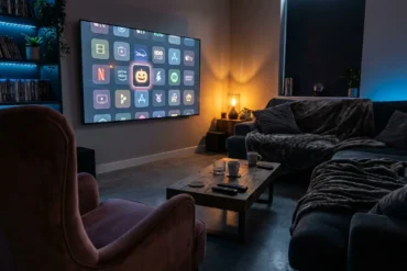Fotorealistisches Hero-Motiv eines modernen Wohnzimmers mit großem Fernseher und mehreren Streaming-Oberflächen als abstrakte Auswahl auf dem Bildschirm, eine Option subtil als bevorzugte Wahl hervorgehoben, atmosphärische Horror-Stimmung, natürliches warm-kühles Licht, realistische Texturen, elegantes Heimkino-Setup, kein Text im Bild