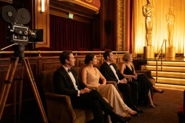 Fotorealistische Szene in einem eleganten Kinosaal während einer Preisverleihung, 4 Personen in Abendgarderobe sitzen im Vordergrund und blicken auf eine beleuchtete Bühne mit goldenen Trophäenformen, warmes natürliches Licht, feine Stofftexturen, Holz, Samt und Metall mit realistischen Oberflächen. Die Komposition wirkt hochwertig und filmisch, mit dezenter Tiefenschärfe, edlen Rot- und Goldtönen und einer glaubwürdigen Atmosphäre rund um Filmpreise und ein internationales Filmfestival, no text.