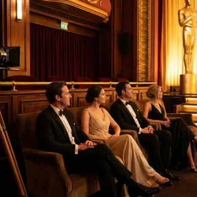 Fotorealistische Szene in einem eleganten Kinosaal während einer Preisverleihung, 4 Personen in Abendgarderobe sitzen im Vordergrund und blicken auf eine beleuchtete Bühne mit goldenen Trophäenformen, warmes natürliches Licht, feine Stofftexturen, Holz, Samt und Metall mit realistischen Oberflächen. Die Komposition wirkt hochwertig und filmisch, mit dezenter Tiefenschärfe, edlen Rot- und Goldtönen und einer glaubwürdigen Atmosphäre rund um Filmpreise und ein internationales Filmfestival, no text.