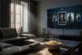 Fotorealistische Hero-Szene in einem modernen Wohnzimmer mit mehreren Streaming-Optionen auf einem Smart-TV-Interface, eine Option subtil als bevorzugte Wahl hervorgehoben, gemütliche Sofa-Landschaft, Fernbedienung und Snacks im Vordergrund, natürliche Beleuchtung durch ein Fenster, realistische Texturen bei Stoff, Holz und Glas, hochwertige moderne Bildsprache, kein Text im Bild