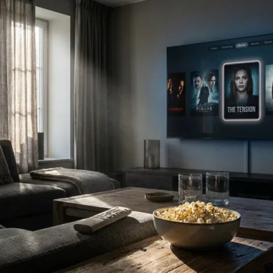 Fotorealistische Hero-Szene in einem modernen Wohnzimmer mit mehreren Streaming-Optionen auf einem Smart-TV-Interface, eine Option subtil als bevorzugte Wahl hervorgehoben, gemütliche Sofa-Landschaft, Fernbedienung und Snacks im Vordergrund, natürliche Beleuchtung durch ein Fenster, realistische Texturen bei Stoff, Holz und Glas, hochwertige moderne Bildsprache, kein Text im Bild
