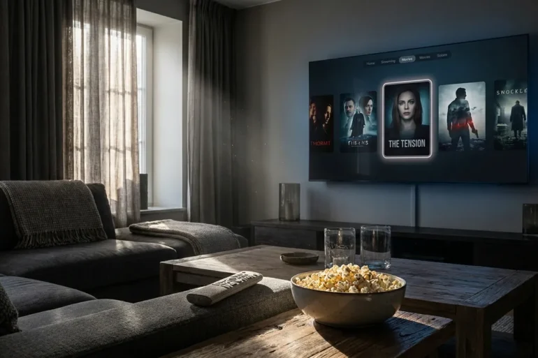 Fotorealistische Hero-Szene in einem modernen Wohnzimmer mit mehreren Streaming-Optionen auf einem Smart-TV-Interface, eine Option subtil als bevorzugte Wahl hervorgehoben, gemütliche Sofa-Landschaft, Fernbedienung und Snacks im Vordergrund, natürliche Beleuchtung durch ein Fenster, realistische Texturen bei Stoff, Holz und Glas, hochwertige moderne Bildsprache, kein Text im Bild
