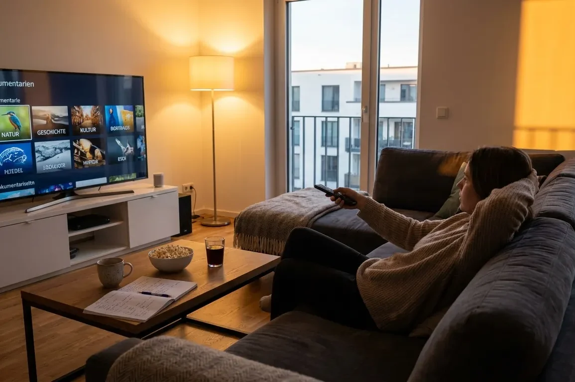 Fotorealistische Szene in einem modernen deutschen Wohnzimmer mit natürlichem Abendlicht, eine einzelne Person sitzt entspannt vor einem großen Fernseher und wählt zwischen verschiedenen dokumentarischen Filmformaten, auf dem Couchtisch liegen eine Fernbedienung, Filmnotizen und eine Tasse, realistische Texturen von Holz, Stoff und Glas, ruhige cineastische Atmosphäre in warmen neutralen Farben. Die Komposition soll den Unterschied zwischen Kino-Anspruch und Streaming-Alltag visuell andeuten, mit klarer Tiefenwirkung, weichen Schatten und hochwertiger Heimkino-Stimmung, kein Text.