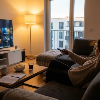 Fotorealistische Szene in einem modernen deutschen Wohnzimmer mit natürlichem Abendlicht, eine einzelne Person sitzt entspannt vor einem großen Fernseher und wählt zwischen verschiedenen dokumentarischen Filmformaten, auf dem Couchtisch liegen eine Fernbedienung, Filmnotizen und eine Tasse, realistische Texturen von Holz, Stoff und Glas, ruhige cineastische Atmosphäre in warmen neutralen Farben. Die Komposition soll den Unterschied zwischen Kino-Anspruch und Streaming-Alltag visuell andeuten, mit klarer Tiefenwirkung, weichen Schatten und hochwertiger Heimkino-Stimmung, kein Text.