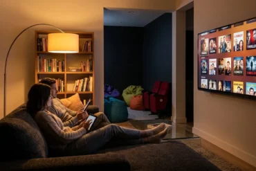 Ein fotorealistisches Wohnzimmer am Abend mit genau 2 Personen auf einem Sofa, die auf einem großen Fernseher durch verschiedene Filmgenres und Historienfilme browsen, natürliches warmes Licht von einer Stehlampe und dem Bildschirm, realistische Texturen von Stoff, Holz und Glas. Die Komposition soll modern und aufgeräumt sein, mit gemütlicher Heimkino-Stimmung, klaren Hauttönen, sanften Schatten und sichtbarer Tiefe im Raum, kein Text.