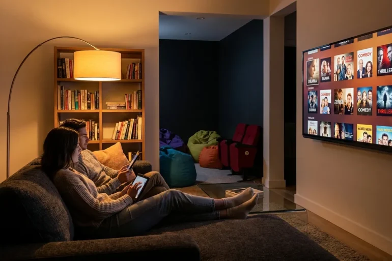Ein fotorealistisches Wohnzimmer am Abend mit genau 2 Personen auf einem Sofa, die auf einem großen Fernseher durch verschiedene Filmgenres und Historienfilme browsen, natürliches warmes Licht von einer Stehlampe und dem Bildschirm, realistische Texturen von Stoff, Holz und Glas. Die Komposition soll modern und aufgeräumt sein, mit gemütlicher Heimkino-Stimmung, klaren Hauttönen, sanften Schatten und sichtbarer Tiefe im Raum, kein Text.