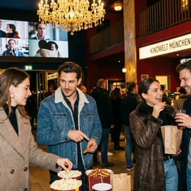 Fotorealistische Szene in einem modernen deutschen Kinofoyer mit genau 4 Personen, die vor einer beleuchteten Ticket- und Snackzone ihre Auswahl treffen, natürliches warmes Abendlicht mischt sich mit weichem Innenlicht, realistische Texturen von Stoff, Glas, Metall und Papier. Fokus auf die Stimmung eines geplanten Kinobesuchs mit sichtbarer Premium-Atmosphäre, elegante Komposition mit Tiefenschärfe, natürliche Farben in Rot, Dunkelblau und Gold, keine Schrift, keine Zahlen, kein Text.