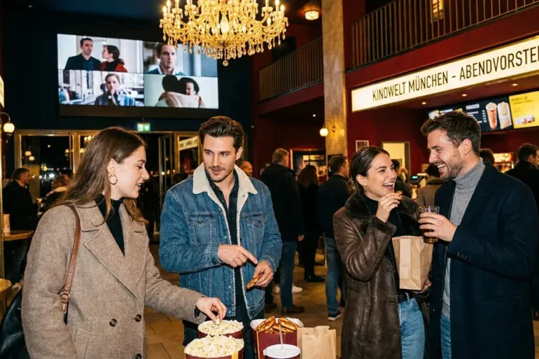 Fotorealistische Szene in einem modernen deutschen Kinofoyer mit genau 4 Personen, die vor einer beleuchteten Ticket- und Snackzone ihre Auswahl treffen, natürliches warmes Abendlicht mischt sich mit weichem Innenlicht, realistische Texturen von Stoff, Glas, Metall und Papier. Fokus auf die Stimmung eines geplanten Kinobesuchs mit sichtbarer Premium-Atmosphäre, elegante Komposition mit Tiefenschärfe, natürliche Farben in Rot, Dunkelblau und Gold, keine Schrift, keine Zahlen, kein Text.