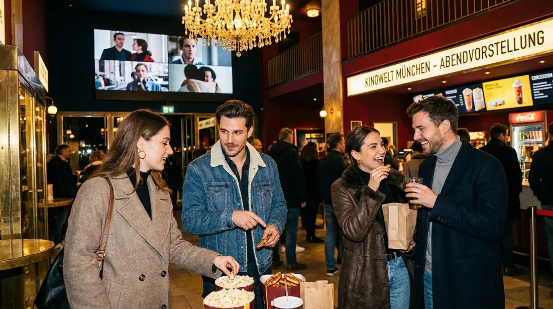 Fotorealistische Szene in einem modernen deutschen Kinofoyer mit genau 4 Personen, die vor einer beleuchteten Ticket- und Snackzone ihre Auswahl treffen, natürliches warmes Abendlicht mischt sich mit weichem Innenlicht, realistische Texturen von Stoff, Glas, Metall und Papier. Fokus auf die Stimmung eines geplanten Kinobesuchs mit sichtbarer Premium-Atmosphäre, elegante Komposition mit Tiefenschärfe, natürliche Farben in Rot, Dunkelblau und Gold, keine Schrift, keine Zahlen, kein Text.