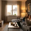 Fotorealistische Szene in einem modernen deutschen Wohnzimmer bei natürlichem Abendlicht: 3 Personen sitzen entspannt vor einem großen Fernseher mit Heimkino-Setup, im Hintergrund sind dezente Filmplakate ohne lesbaren Text, warme Lampen, realistische Stofftexturen, Holzoberflächen und ein glaubwürdiges Wohnambiente zu sehen. Im Vordergrund liegen Popcorn und Fernbedienung auf einem Couchtisch, durch ein seitliches Fenster fällt weiches Licht ein, die Stimmung ist gemütlich, cineastisch und hochwertig, mit natürlichen Farben, realistischer Tiefenschärfe und klarer Fokussierung auf Filmgenuss zwischen Kino-Feeling und Streaming-Komfort.