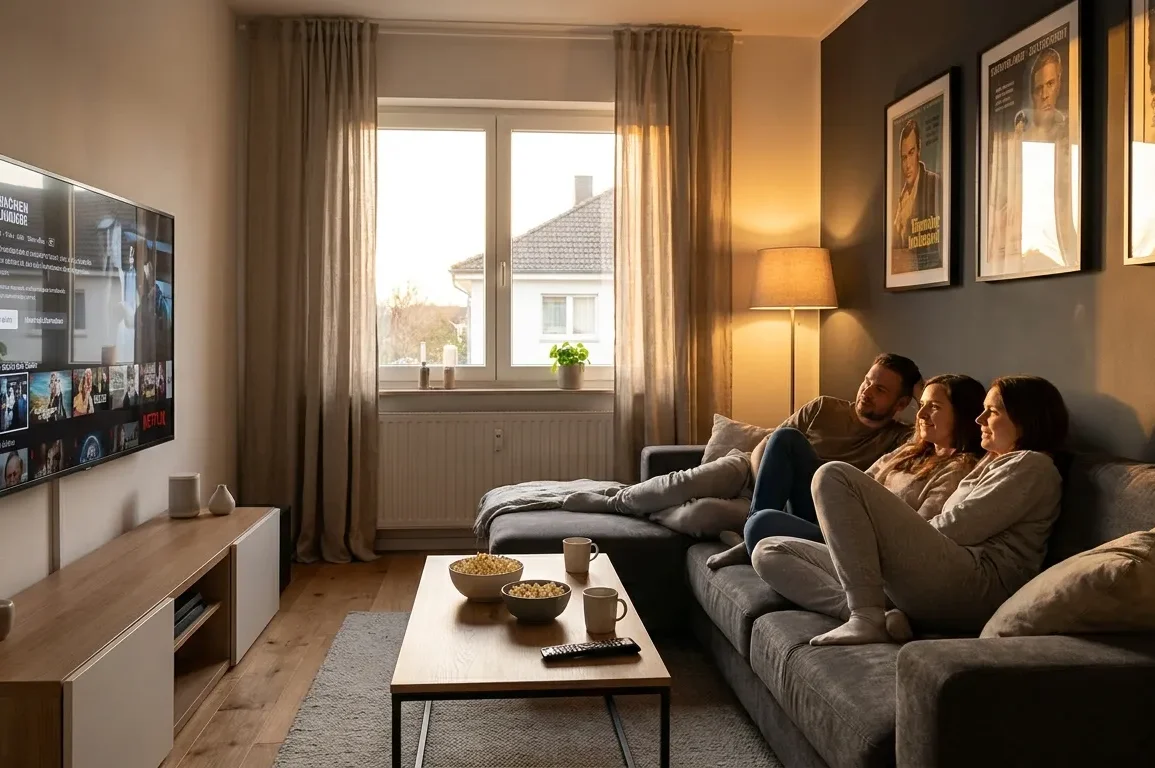Fotorealistische Szene in einem modernen deutschen Wohnzimmer bei natürlichem Abendlicht: 3 Personen sitzen entspannt vor einem großen Fernseher mit Heimkino-Setup, im Hintergrund sind dezente Filmplakate ohne lesbaren Text, warme Lampen, realistische Stofftexturen, Holzoberflächen und ein glaubwürdiges Wohnambiente zu sehen. Im Vordergrund liegen Popcorn und Fernbedienung auf einem Couchtisch, durch ein seitliches Fenster fällt weiches Licht ein, die Stimmung ist gemütlich, cineastisch und hochwertig, mit natürlichen Farben, realistischer Tiefenschärfe und klarer Fokussierung auf Filmgenuss zwischen Kino-Feeling und Streaming-Komfort.
