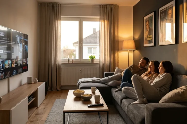 Fotorealistische Szene in einem modernen deutschen Wohnzimmer bei natürlichem Abendlicht: 3 Personen sitzen entspannt vor einem großen Fernseher mit Heimkino-Setup, im Hintergrund sind dezente Filmplakate ohne lesbaren Text, warme Lampen, realistische Stofftexturen, Holzoberflächen und ein glaubwürdiges Wohnambiente zu sehen. Im Vordergrund liegen Popcorn und Fernbedienung auf einem Couchtisch, durch ein seitliches Fenster fällt weiches Licht ein, die Stimmung ist gemütlich, cineastisch und hochwertig, mit natürlichen Farben, realistischer Tiefenschärfe und klarer Fokussierung auf Filmgenuss zwischen Kino-Feeling und Streaming-Komfort.