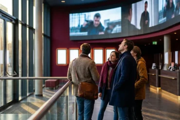 Fotorealistische Szene in einem modernen Kinofoyer in Deutschland, 3 Personen betrachten aufmerksam eine große digitale Trailer-Vorschau an einer Wand ohne lesbare Schrift, warmes natürliches Licht durch Glasfronten, realistische Texturen auf Stoffen, Haut und Metall, elegante cineastische Stimmung. Im Hintergrund dezente Kinokassen und Posterflächen ohne Text, ausgewogene Komposition mit Tiefenschärfe, natürliche Farben in Rot, Dunkelblau und Gold, no text