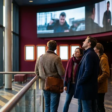 Fotorealistische Szene in einem modernen Kinofoyer in Deutschland, 3 Personen betrachten aufmerksam eine große digitale Trailer-Vorschau an einer Wand ohne lesbare Schrift, warmes natürliches Licht durch Glasfronten, realistische Texturen auf Stoffen, Haut und Metall, elegante cineastische Stimmung. Im Hintergrund dezente Kinokassen und Posterflächen ohne Text, ausgewogene Komposition mit Tiefenschärfe, natürliche Farben in Rot, Dunkelblau und Gold, no text