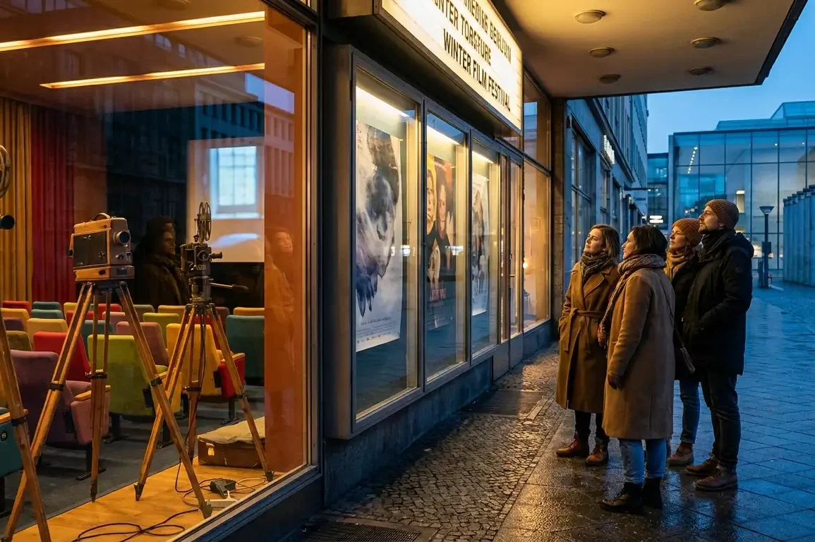 Fotorealistische Szene vor einem eleganten Berliner Kino während der Berlinale, natürliches Winterlicht in der Blauen Stunde, 4 Personen in stilvoller Alltagskleidung stehen vor dem Eingang und betrachten Filmplakate hinter Glas, im Hintergrund urbane Architektur von Berlin und ein dezenter Hinweis auf ein nahegelegenes Filmmuseum durch moderne Museumsfassade, realistische Stoffe, Hauttöne und Reflexionen auf nassem Pflaster. Die Komposition wirkt lebendig, cineastisch und hochwertig, mit warmen Lichtinseln aus dem Foyer, kühlen Außenfarben und einer konzentrierten, erwartungsvollen Stimmung, ohne jegliche Schrift, Buchstaben oder Zahlen im Bild.