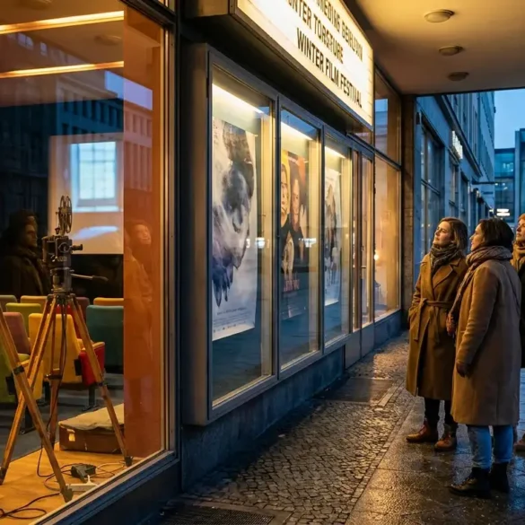 Fotorealistische Szene vor einem eleganten Berliner Kino während der Berlinale, natürliches Winterlicht in der Blauen Stunde, 4 Personen in stilvoller Alltagskleidung stehen vor dem Eingang und betrachten Filmplakate hinter Glas, im Hintergrund urbane Architektur von Berlin und ein dezenter Hinweis auf ein nahegelegenes Filmmuseum durch moderne Museumsfassade, realistische Stoffe, Hauttöne und Reflexionen auf nassem Pflaster. Die Komposition wirkt lebendig, cineastisch und hochwertig, mit warmen Lichtinseln aus dem Foyer, kühlen Außenfarben und einer konzentrierten, erwartungsvollen Stimmung, ohne jegliche Schrift, Buchstaben oder Zahlen im Bild.