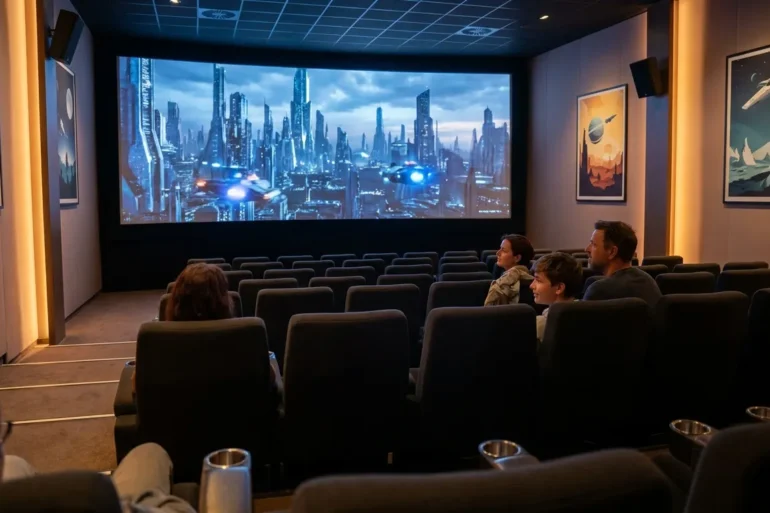 Ein moderner Kinosaal mit genau 3 Personen in den mittleren Reihen, die gebannt auf eine riesige Leinwand mit einer spektakulären, aber glaubwürdig wirkenden Science-Fiction-Szene blicken, im Vordergrund realistische Sitze, leichte Lichtreflexe auf Armlehnen und natürliche Schatten, warme Kinobeleuchtung kombiniert mit kühlem Leinwandlicht. Fotorealistische Darstellung mit natürlichem Licht, realistischen Texturen von Stoff, Haut und Metall, cineastische Tiefenschärfe, ausgewogene Komposition zwischen Zuschauern und Bildwirkung, hochwertige Atmosphäre ohne Schrift, ohne Logos, ohne Zahlen.