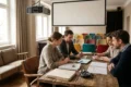 Fotorealistische Szene in natürlichem Licht: ein moderner Besprechungsraum einer Filmproduktion in Deutschland mit genau 4 Personen an einem Holztisch, darauf ausgebreitete Drehbücher, Budgetpläne ohne sichtbare Schrift, ein Tablet, Storyboards ohne Text und ein kleines Modell einer Filmkamera. Im Hintergrund ein großes Fenster mit weichem Tageslicht, dezente Studioelemente, warme neutrale Farben, realistische Stoff-, Holz- und Metalltexturen, professionelle konzentrierte Stimmung, klare Komposition mit Fokus auf Zusammenarbeit, Finanzierung und Filmproduktion, keinerlei Text oder Schrift im Bild.