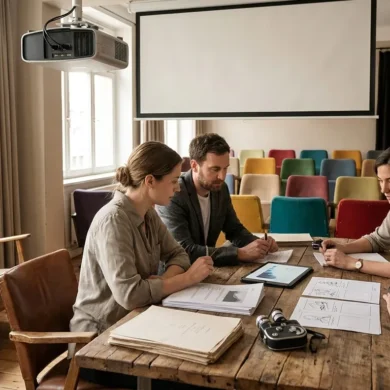 Fotorealistische Szene in natürlichem Licht: ein moderner Besprechungsraum einer Filmproduktion in Deutschland mit genau 4 Personen an einem Holztisch, darauf ausgebreitete Drehbücher, Budgetpläne ohne sichtbare Schrift, ein Tablet, Storyboards ohne Text und ein kleines Modell einer Filmkamera. Im Hintergrund ein großes Fenster mit weichem Tageslicht, dezente Studioelemente, warme neutrale Farben, realistische Stoff-, Holz- und Metalltexturen, professionelle konzentrierte Stimmung, klare Komposition mit Fokus auf Zusammenarbeit, Finanzierung und Filmproduktion, keinerlei Text oder Schrift im Bild.