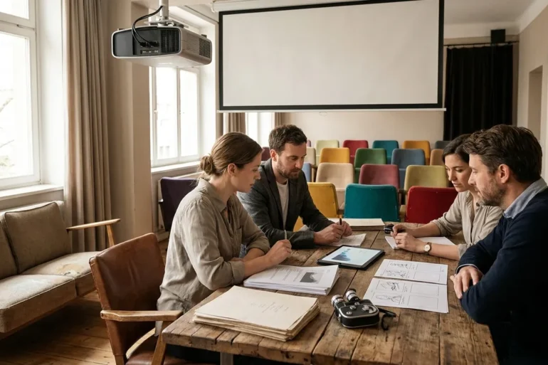 Fotorealistische Szene in natürlichem Licht: ein moderner Besprechungsraum einer Filmproduktion in Deutschland mit genau 4 Personen an einem Holztisch, darauf ausgebreitete Drehbücher, Budgetpläne ohne sichtbare Schrift, ein Tablet, Storyboards ohne Text und ein kleines Modell einer Filmkamera. Im Hintergrund ein großes Fenster mit weichem Tageslicht, dezente Studioelemente, warme neutrale Farben, realistische Stoff-, Holz- und Metalltexturen, professionelle konzentrierte Stimmung, klare Komposition mit Fokus auf Zusammenarbeit, Finanzierung und Filmproduktion, keinerlei Text oder Schrift im Bild.
