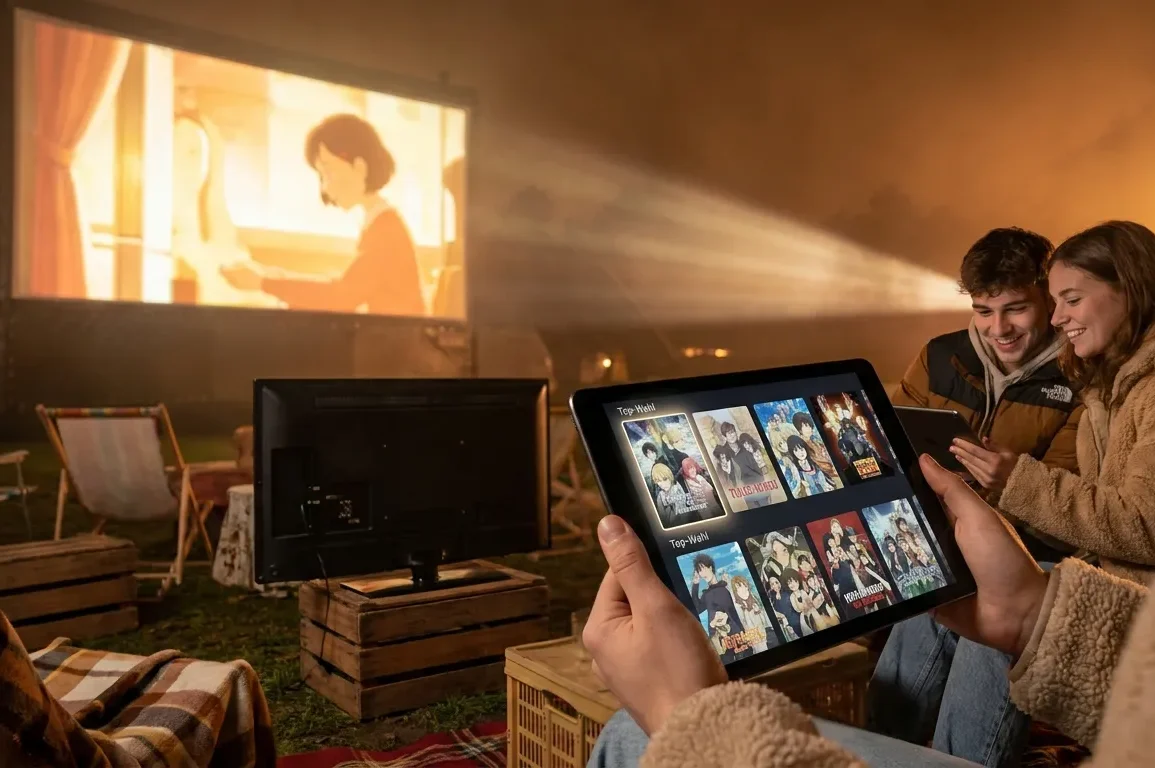 Professionelles Vergleichs-Hero-Bild mit mehreren Streaming-Optionen auf modernen Fernsehern und Tablets in einem stilvollen Wohnzimmer, eine Option subtil als Top-Wahl hervorgehoben, junge Erwachsene beim entspannten Auswählen von Serien, warmes Ambiente, modernes Design, kein Text im Bild, fotorealistische Fotografie mit natürlicher Beleuchtung und realistischen Texturen