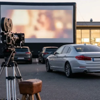 Fotorealistische Szene eines modernen Autokinos in Deutschland bei Abenddämmerung, mehrere Autos vor einer großen Leinwand, natürliches Licht, realistische Texturen auf Fahrzeugen, Asphalt und Himmel, stimmungsvolle Kinoatmosphäre, eine Option subtil als Top-Wahl visuell hervorgehoben durch Komposition und Lichtführung, hochwertig, sauber, ohne Text im Bild